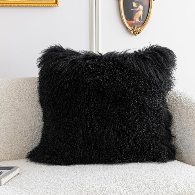 MOOX Mongolian Lamb Fur Pillow Covers Lumbar Throw Sheepskin Pillow Case Genuine Wool Fur Tibetan Accent Living Room Bedroom Decorative Cushion Cover (18 * 18inch Black)
