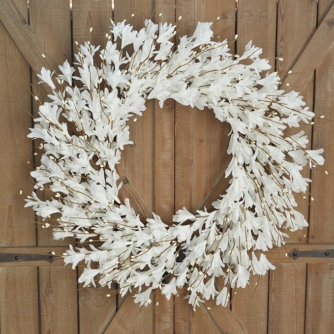 Bibelot 22inch Artificial Forsythia Flower Wreath Spring Summer Fall Wreath Silk Leaves for Front Door Decoration Porch Farmhouse Patio Garden Home Decor (White)