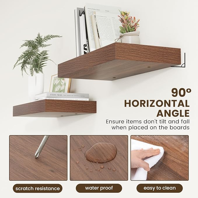 FLYJOE 12 Inch Deep Floating Shelves | 24 Inch Walnut Floating Shelves | 24" W x 12" D Rustic Wood Shelves for Wall | Deep Shelves for Living Room Bathroom Laundry Room Kitchen