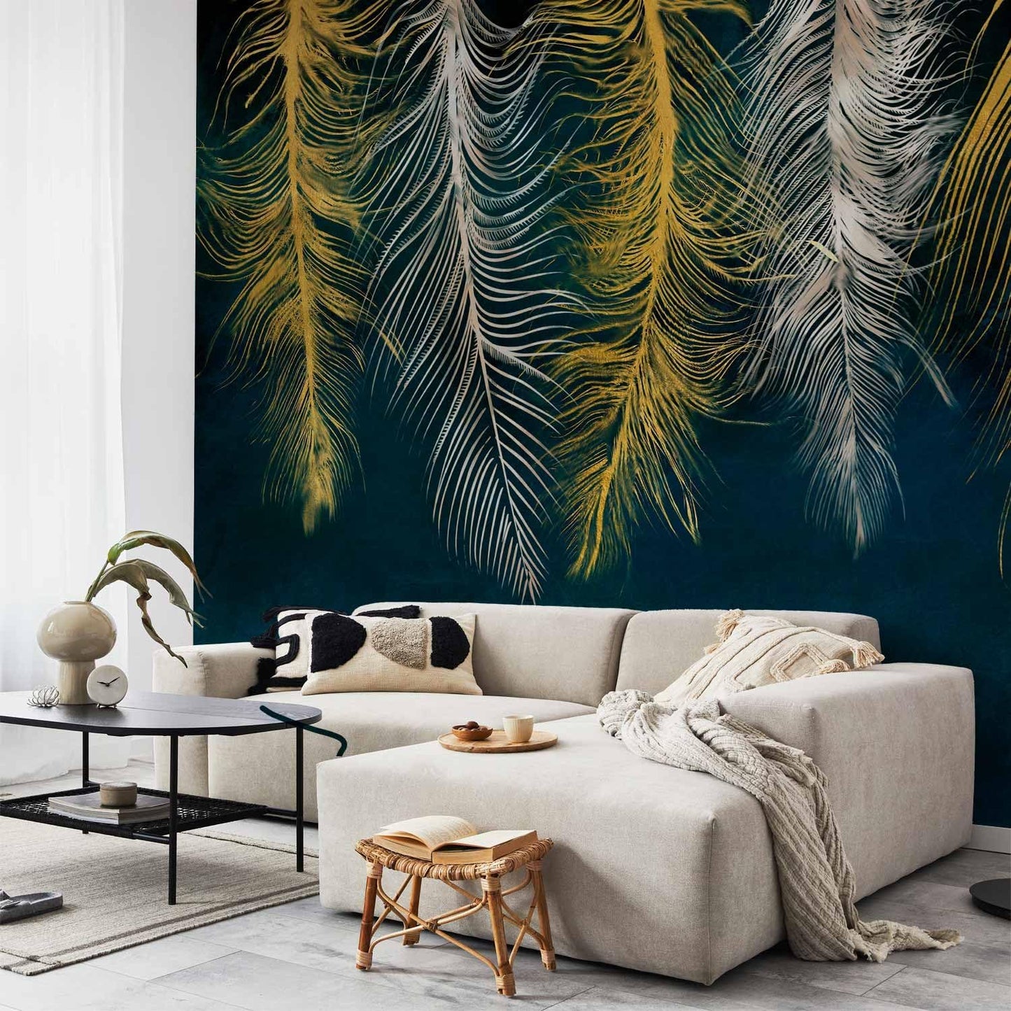 artgeist Wall Mural Feather 193x138 in - XXL Peel and Stick Self-Adhesive Wallpaper Removable Large Sticker Foil Wall Decor Print Picture Image Design Abstract Beige Navy Blue b-A-0812-a-a