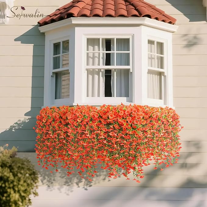 Serwalin Artificial Hanging Flowers for Outdoors Decoration, 8PCS UV Realistic Resistant Silk Artificial Fake Plants Outdoor for Porch Patio Balcony Planter Garden Yard Decor (Orange,8PCS)