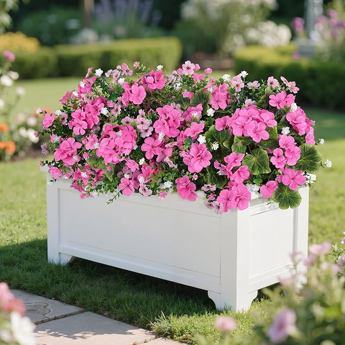 Ouddy Decor 18'' Artificial Geraniums Flowers for Outdoors, 10 Bundles Mixed Fake Silk Flowers Plastic Plants UV Resistant for Summer Garden Porch Patio Planter Table Home Decor, Pink