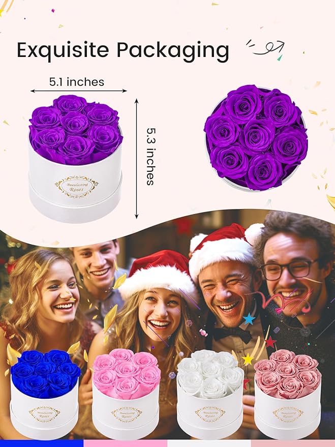 Beaulasting Long Lasting Preserved Roses in a Box Last a Year Forever Flowers for Her Mom Wife Anniversary Birthday (Round White Box, Purple)
