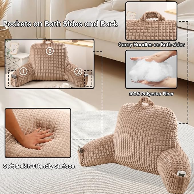 Reading Pillow with Arms for Bed Sitting,Khaki Flannel | Large Supportive Backrest with Arms Helps Ease Neck,Shoulder & Arm Strain While Gaming Reading or Watching TV