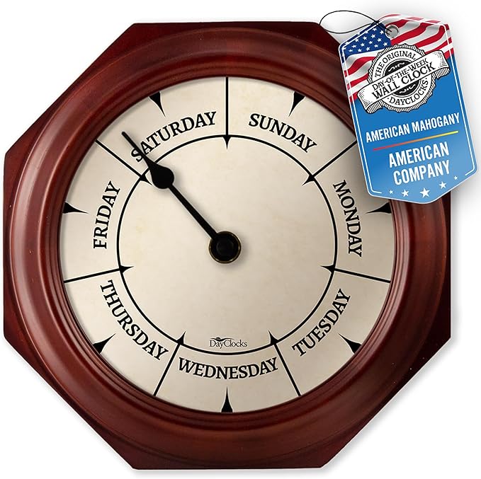 Classic Day of The Week Wall Clock - 10" Solid Mahogany Wood Frame, Ideal Retirement Gift for Men and Women, Day Clock for Seniors and Retirees