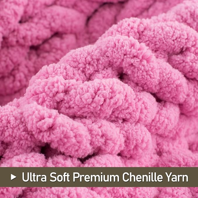 Chunky Knit Throw Blanket 50x60, 100% Handmade Chenille Yarn | 4.4lbs Soft Thick Cable Knitted Blankets, Large Rope Knot Crochet Throws for Couch Sofa Bed Machine Washable, Hot Pink