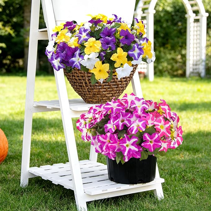 FULLMUSIC Spring Artificial Flowers for Outdoors, UV Resistant Fake Morning Glory, Look Real Faux Silk Plants for Front Door Garden Porch Planter