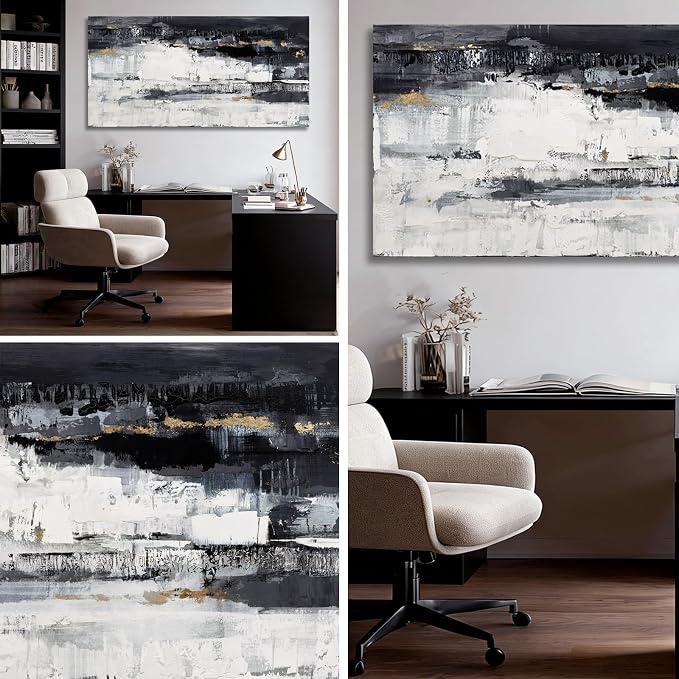 Dolidoteart Canvas Wall Art, Black White Gray Abstract Wall Art Print, Modern Gold Accent Horizontal Artwork for Living Room Bedroom Office, 24x48 Inch