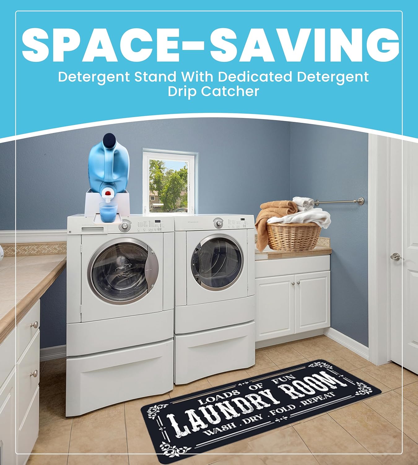 TidyFriend Laundry Detergent Holder with Laundry Room Rug Runner, Detergent Stand for Spill Protection, Non-Slip Runner Mat, and Stylish Room Organizer for Home & Laundry Spaces
