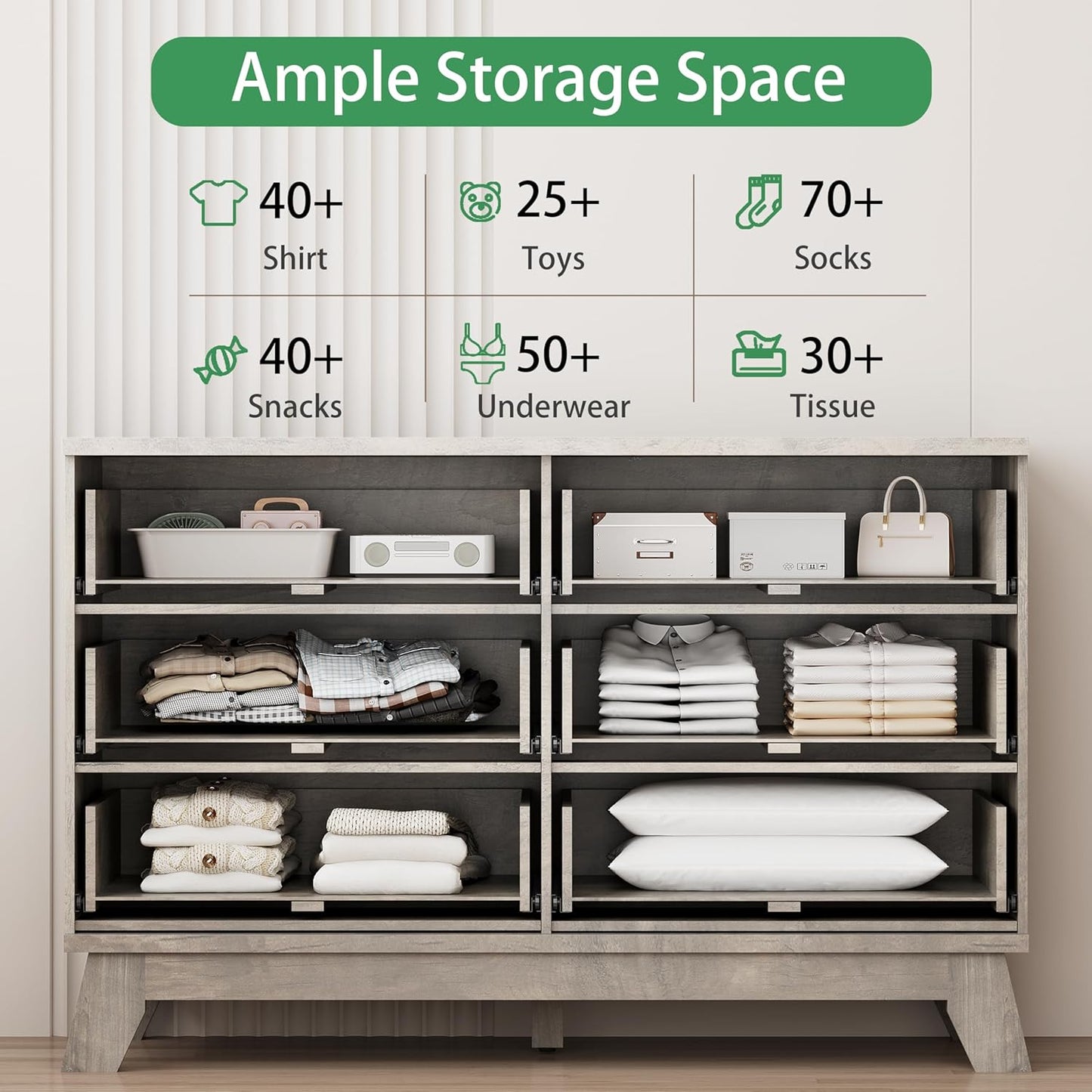 Fluted Dresser for Bedroom with 6 Drawers, 48" Wide Modern Chest of Drawers with Metal Handle, Wooden Dresser TV Stand, Wood Closet Clothes Storage Organizer for Living Room, Hallway, Grey