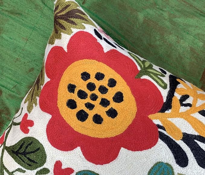 Lumbar Cushion Cover Hand Embroidered Wool 13x21 (Red Floral Lumbar Pillow Cover)