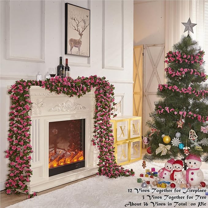 PONKING 6 Pcs x 8.2 ft Flower Garland Artificial Rose Vine Flowers with Green Leaves Hanging Fake Roses Vine for Room Party Home Wedding Birthday Christmas Wall Arch Decor, Spring Magenta Flower