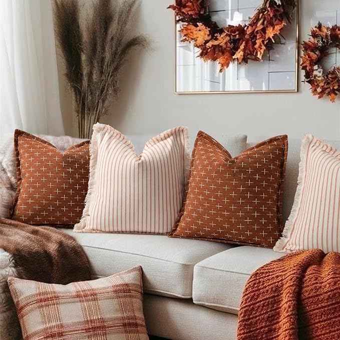 ZWJD Fall Pillow Covers 16x16 Set of 2 Striped Pillow Covers with Fringe Chic Cotton Decorative Pillows Square Cushion Covers for Sofa Couch Bed Living Room Farmhouse Decor, (Burnt Orange)