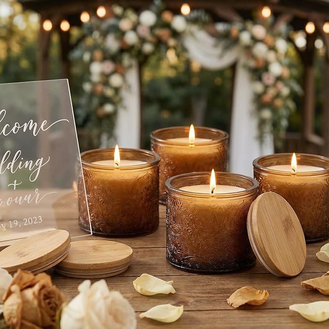 10 oz Mocha Mandala Glass Candle Jars with Bamboo Lids, 9 Pack | Patented Embossed Design, Includes Wick Centering Devices & Warning Labels, Multiple Color Options