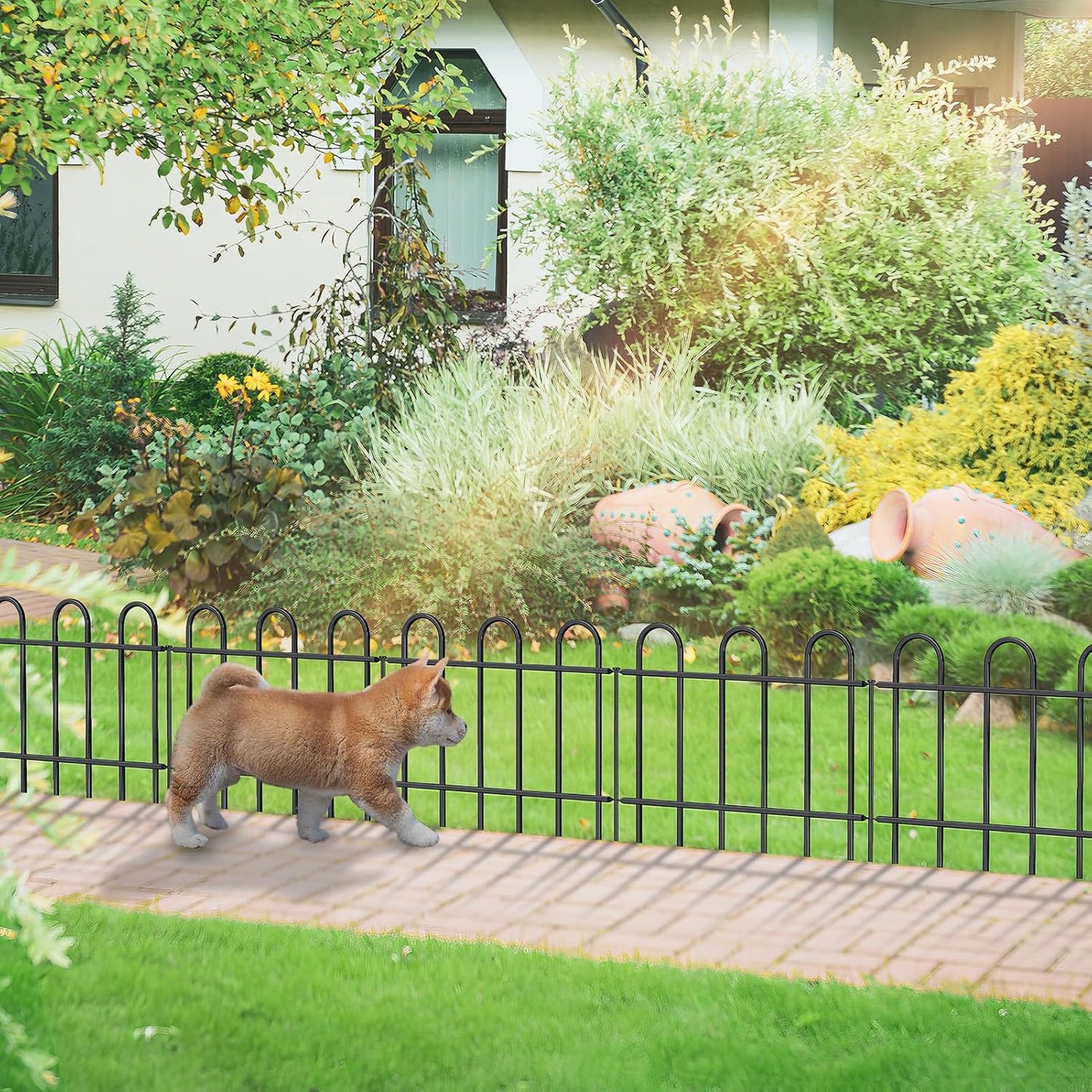 Metal Garden Fence 18 in H x 16 ft L, No dig Garden Border Yard Fencing, Dog Fence Outdoor Temporary Animal Barrier for Flower Bed Lawn and Patio, 8 Panels + 9 Stakes Black