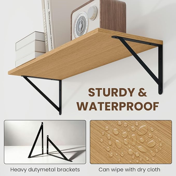 Vivelove 8 Inch Deep Floating Shelves for Wall, 16W x 8D Wood Wall Shelves Set of 2, Rustic Oak Wide Floating Bookshelf for Living Room, Kitchen, Office, Bedroom, with Black Metal Bracke - Oak