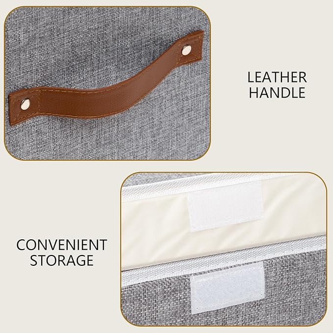 Yawinhe Collapsible Storage Box, Cube Organizer Basket, Fabric Bin with Lids, Washable and Leather Handle for Shelves, Closet, Grey, 10.2x7.9x6.7 In, 3-Pack, SNK024GN-3