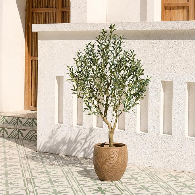 Artificial Olive Tree 5FT Fake Plants Indoor - UV Resistant Faux Olive Tree in Black Pot, Outdoor Tall Faux Silk Tree - Fake Trees for Modern Home Decor,Living Room, Office, Patio, Balcony, VN154