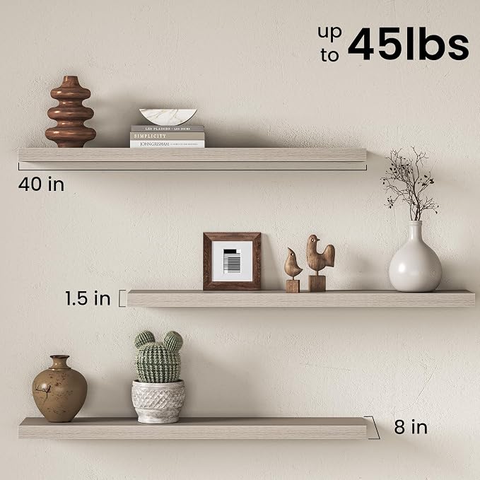 Fun Memories 40 Inch Floating Shelves for Wall, 8 Inch Deep Rustic Wood Floating Shelves Set of 2, Wall Mounted Hanging Shelf with Invisible Brackets for Bathroom, Bedroom, Kitchen, Living Room, Grey