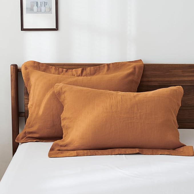 100% French Linen Pillow Shams Basic Style - Pack of 2 - Washed Solid Color Natural Flax Soft Breathable - Rust, 20'' x 26''