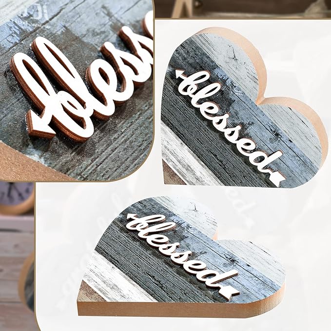Jetec 2 Pcs Rustic Wooden Heart Table Decor, Daisy Farmhouse Home Decor, Bless This Home & Be Kind Sign for Living Room, Dining Room, Shelf & Mantel, Ideal Housewarming & Birthday Gift(Grateful Style)