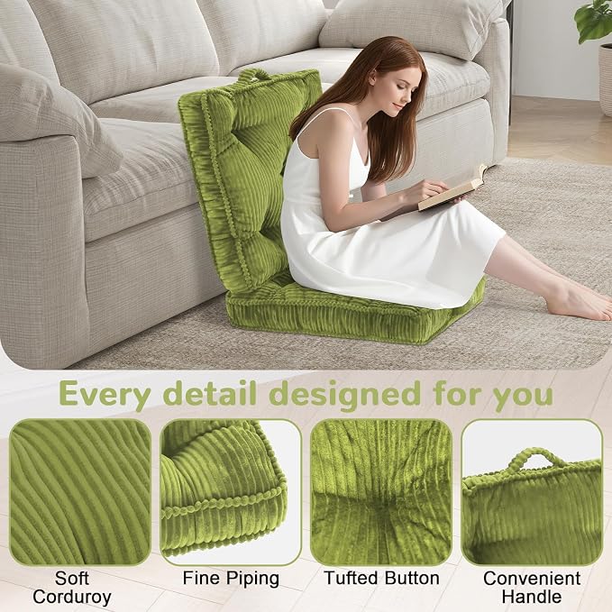 Meditation Floor Cushion Set of 2, 22x22 Tufted Floor Pillow for Adults, Square Large Meditation Cushion Pillow, Corduroy Sitting Pillow with Handle, Yoga Seating for Tatami, Light Green