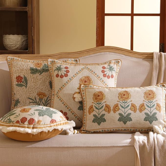 patdrea French Vintage Linen Throw Pillow Cover,12"x20"-RosaSilvestre D | Decorative Pillow Case,Yellow Floral Pattern,Cushion Coverfor Couch Living Room Bedroom Sofa,Tassel Pendant