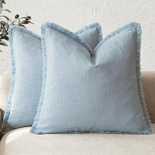 Foindtower Set of 2 Decorative Linen Fringe Throw Pillow Covers Boho Farmhouse Cushion Cover with Tassels Soft Accent Pillowcase for Couch Chair Sofa Bed Living Room Home Decor,22×22 Inch,Sky Blue