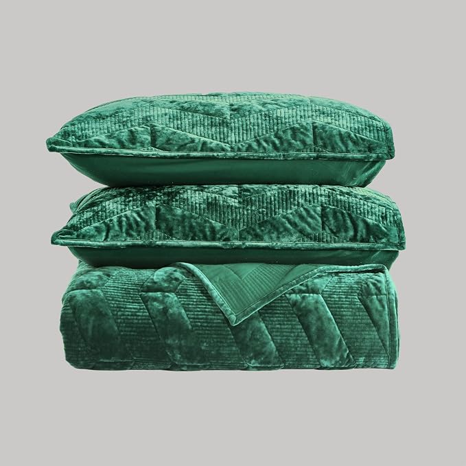SHALALA Luxury Velvet Quilt Set Queen Size,Ultra Soft Lightweight Summer Velvet Comforter Set, Oversized Bedspread Coverlet with 2 Shams Geometries Pattern,for All Season(Forest Green,Queen)