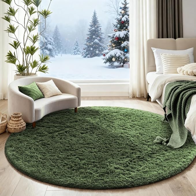 Ophanie Round Rug 5Ft Grey Green Circle Area Rug, Grayish Green Room Decor, Fluffy Fuzzy Bedroom Carpet, Plush Soft Shaggy Living Room Rugs for Kids Home Decor Aesthetic, Nursery