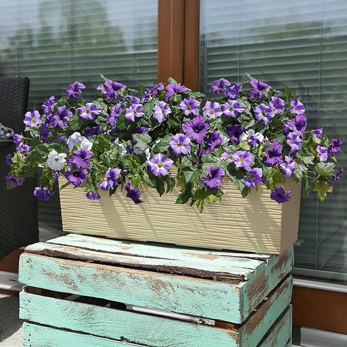 HyeFlora Artificial Flowers for Outdoors 2PCS Faux Petunias Silk Fake Flowers for Outside Planter UV Resistant Realistic Home Garden Porch Decor (Purple)