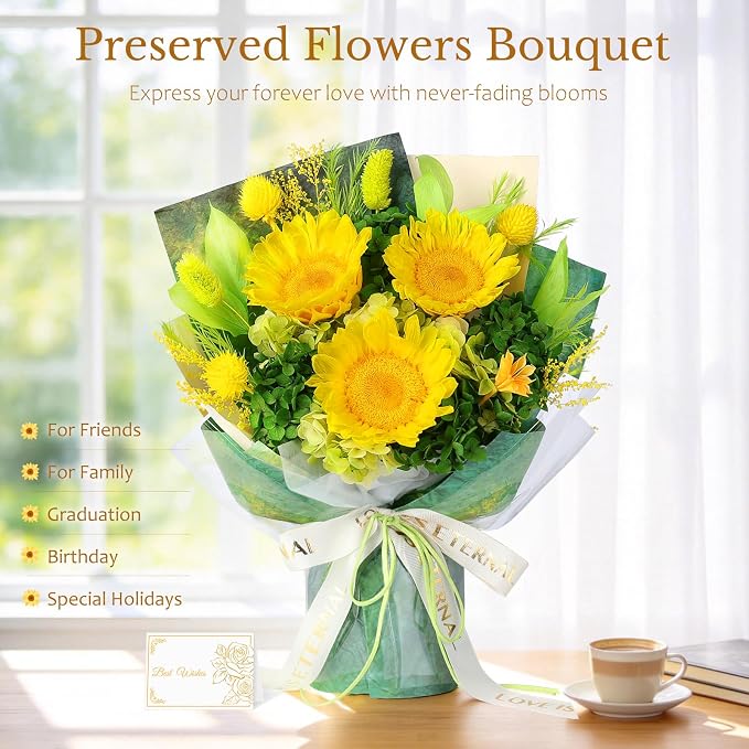 Forever Flowers for Delivery - Preserved Sunflower Bouquet with Gift Box & Greeting Card, Real Eternal Flowers, Gifts for Women, Mom, Mother's Day, Birthday, Anniversary, Graduation