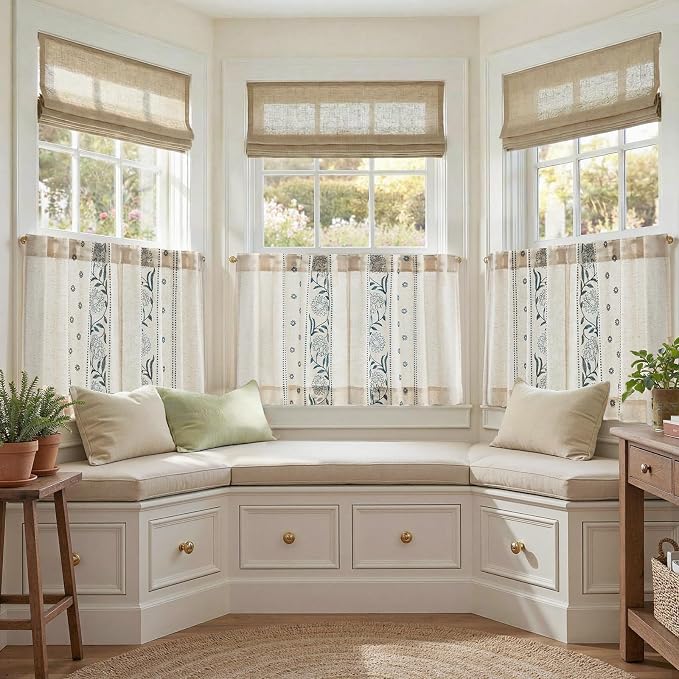 jinchan Winslow Linen Kitchen Curtains 24 Inch Length Small Window Curtains Embroidered Bordered Floral Drapes Light Filtering for Bathroom Laundry Room Farmhouse Decor Blue on Beige 2 Panels