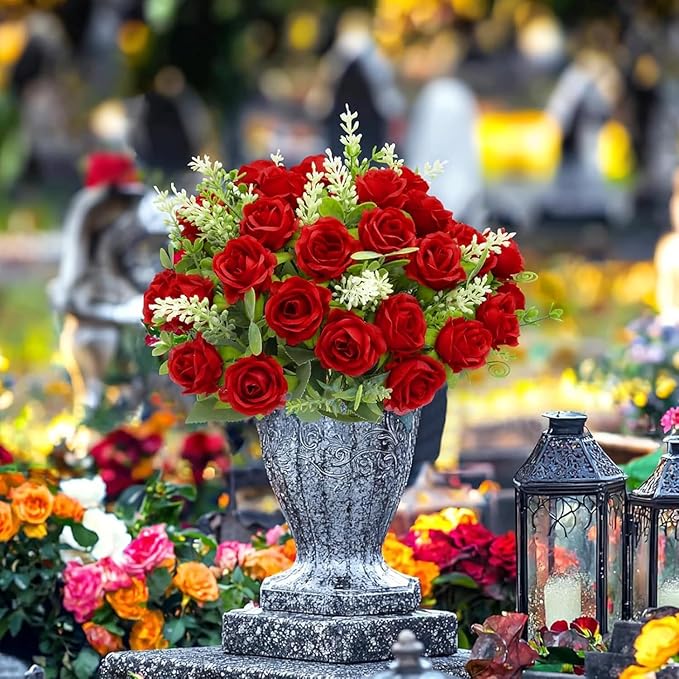 TURNMEON 40 Heads Fake Roses Artificial Flowers for Outdoors Summer Decor, 4 Bouquets UV Resistant Fake Flower Bouquet Faux Silk Roses for Wedding Birthday Party Home Mother's Day Cemetery Decor(Red)