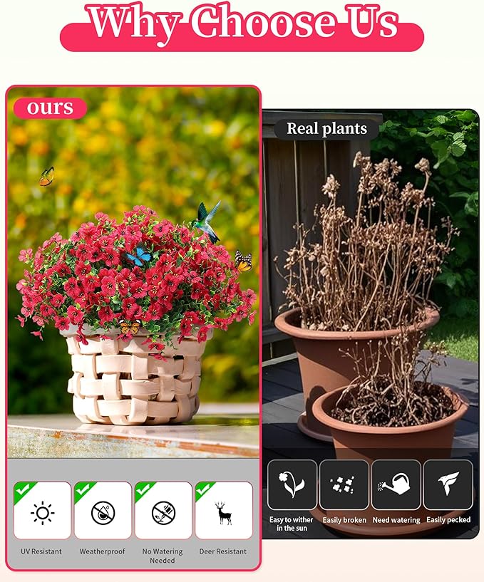 Artificial Flowers for Outdoor Decor, 16 Pack UV-Resistant Fake Rose Red Silk Daisy Flowers, Perfect for Spring & Summer Decorating – Front Porch, Patio, Window Boxes, and Potted Plants