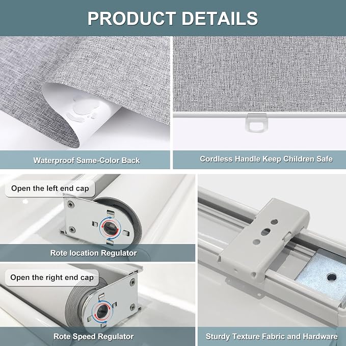 Cordless Roller Shades Blackout Blinds for Windows Room Darkening Rolled Up Shades with Spring System, UV Protection Natural Linen Fabric Window Shades Door Blinds for Home,43" W x 72" H, Heather Grey
