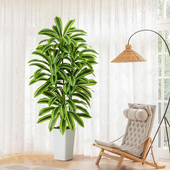Artificial Yellow Dracaena Tree - 6FT Tall Fake Plants with White Tall Planter - Artificial Plants Indoor Floor Plant in Pot - Large Tropical Fake Yucca Potted Tree for Home Office Living Room Decor