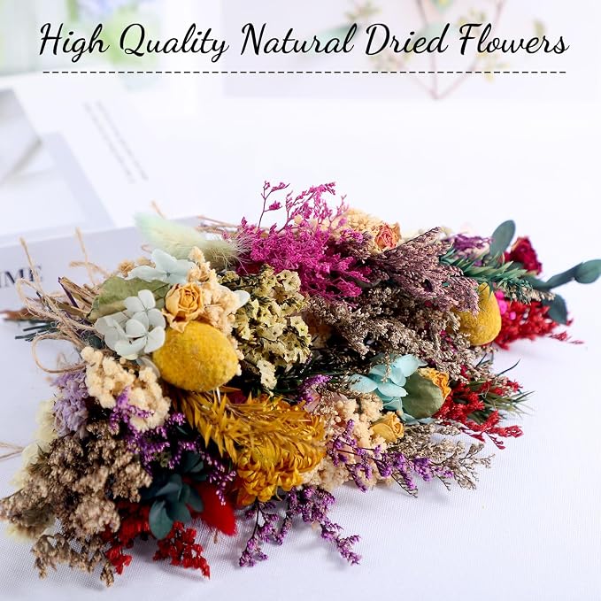 Tinideya 24 Pcs Dried Flowers Bouquet Boho Mini Dried Flower with Stem Small Floral Plants Mixed Natural Flowers Bundles for Crafts Vase DIY Photo Props Wedding Decoration