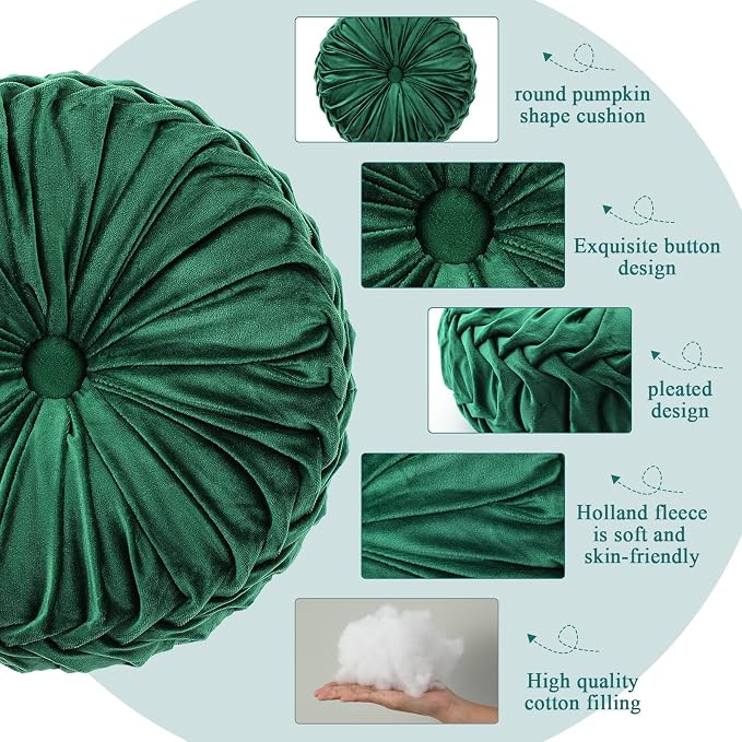 Drydiet 1 Pcs Round Throw Velvet Pillows Decorative Pleated Throw Pillows Diameter Accent Pumpkin Boho Chair Cushion for Couch Sofa Home Decoration (Deep Teal,15'')