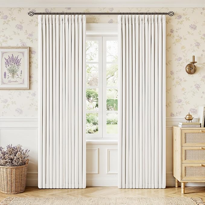 80 Inch Pinch Pleated Blackout Linen Curtains for Bedroom 2 Panels Memory Trained 100% Black Out Soundproof Living Room Darkening Window Curtains Double Layer Pinch Pleat Drapes Cream Ivory White