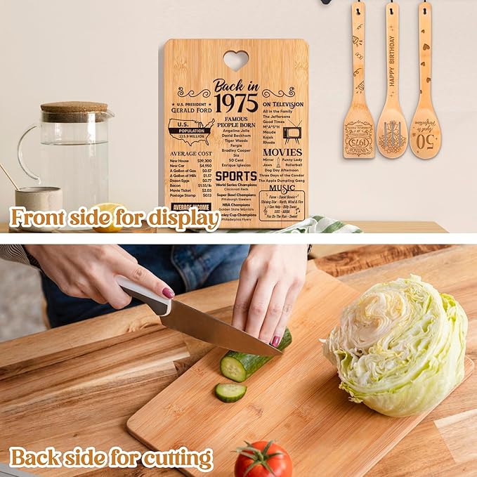 50th Birthday Gifts for Him Her- "Back in 1975" 50th Birthday Gifts for Women Cutting Board, Bamboo-Made Engraved "Year 1975 News" 50th Birthday Gifts