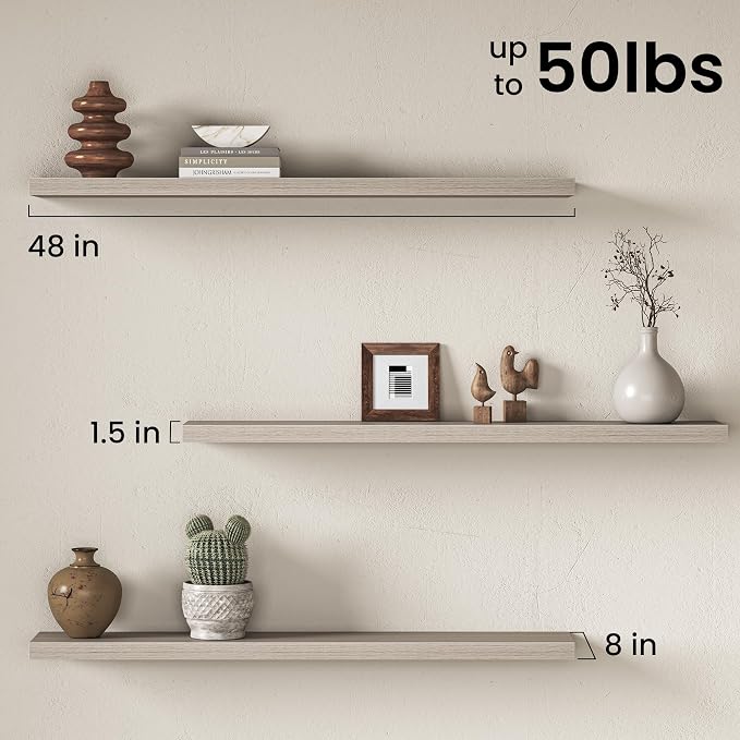 48" Floating Shelves for Wall, Set of 2, 8" Deep, 1.5" Thick, Gray | Rustic Wood Wall Shelves with Invisible Brackets, Storage and Display for Bathroom, Bedroom, Living Room or Kitchen