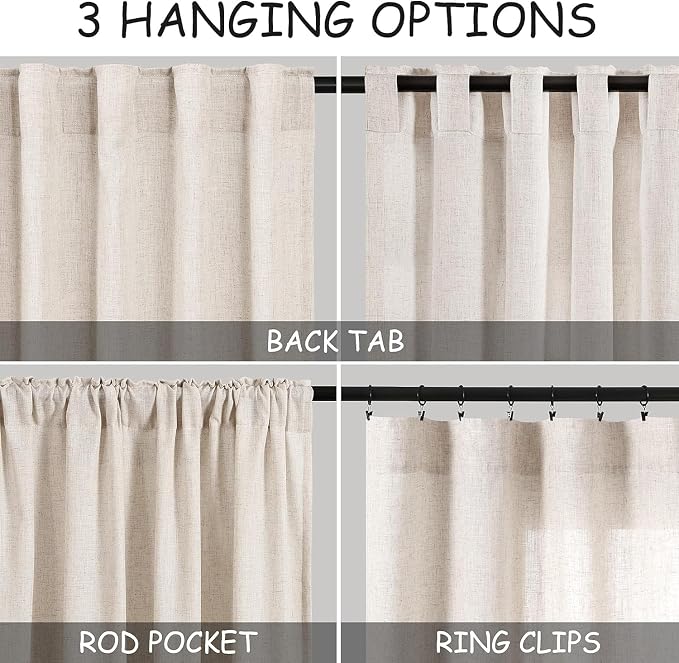 Nanspring Beige Linen Curtains for Kitchen Windows Over Sink - Cafe Drapes Rustic Farmhouse Semi Sheer Curtains with Back Tab and Rod Pocket Short Curtain for Small Window 36 x 24 Inch,2 Panels