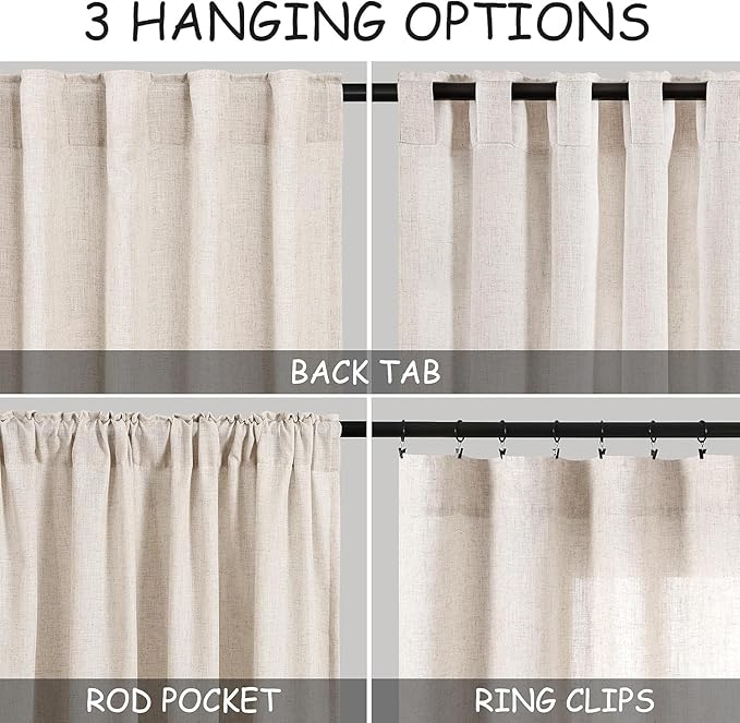 Nanspring Beige Linen Curtains for Kitchen Windows Over Sink Farmhouse Short Semi Sheer Curtains Back Tab and Rod Pocket Rustic Curtain Cortinas para Cocina for Cafe Bathroom,2 Panels 36 x 36