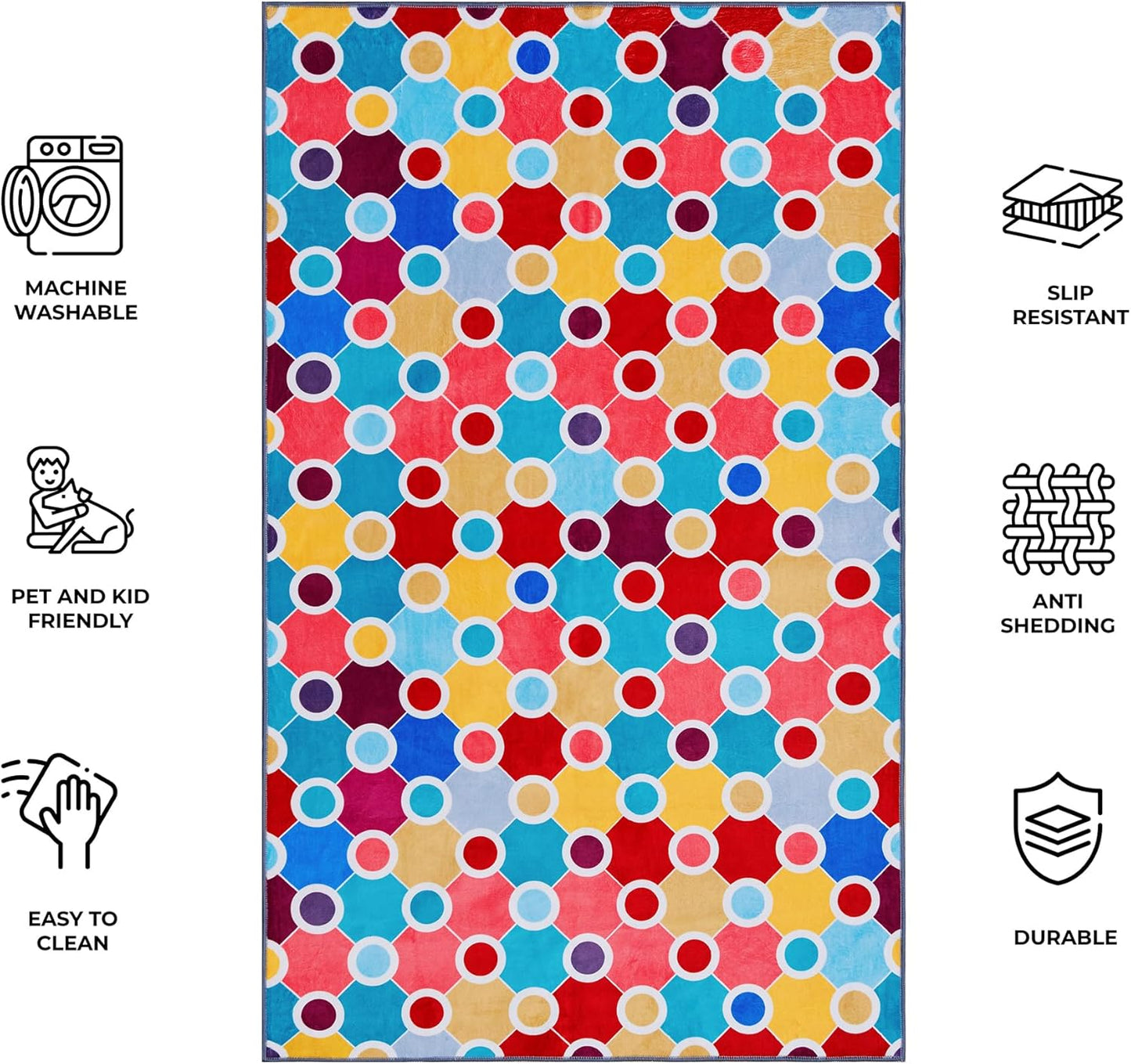 Machine Washable Polka Dot Rug for Kids Area - Multicolor Soft Rug for Nursery/Playroom/Classroom - 5x8