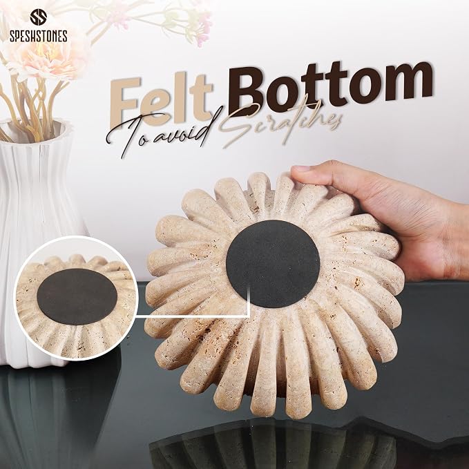 Marble Decorative Bowl Handmade 8 Inch Travertine Ruffle Bowl, Fruit Bowl for Kitchen Counter, Large Scalloped Bowls for Housewarming Gifts, Modern Fluted Bowl for Home Decor