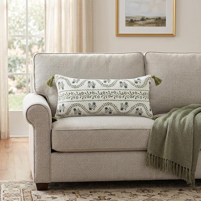 ISAENNE Designer Vintage Linen Throw Pillow Cover,28"x12"-Mosella D | French Elegant Rectangle Decor Pillow Cover,Concealed Zipper Design,Floral Pattern,Sofa,Bedroom,Living Room,Lounge Chairs