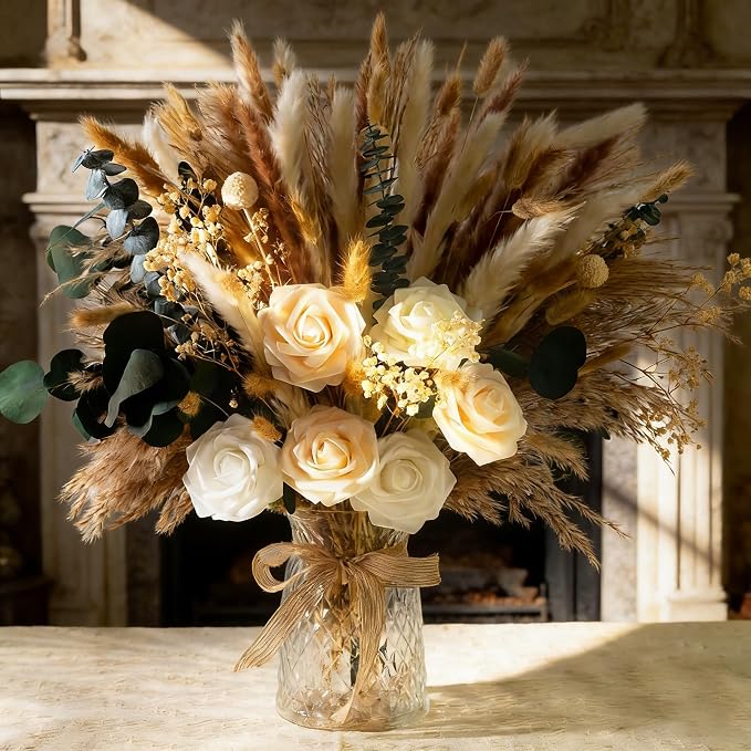101pcs Artificial Flowers in Vase Natural Dried Pampas Grass Decor with Vase Boho Home Decor Bouquet Bunny Tails Dried Flowers, Reed Grass Bouquet for Wedding Floral Arrangements (101pcs)