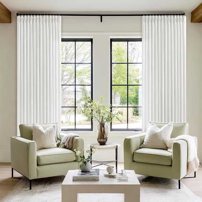 70 Wide Off White Semi Sheer Pinch Pleated Linen Curtains 96 Inch Long | Ivory, Neutral, 70 Inch Extra Wide, Light Filtering Privacy, Sliding Door, Bedroom, Burlap Textured, Hook Rings, Memory Shape