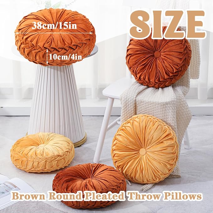 Drydiet 4 Pcs Round Throw Velvet Pillows Decorative Pleated Throw Pillows Diameter Accent Pumpkin Boho Chair Cushion for Couch Sofa Home Decoration (Burnt Orange,Yellow,15'')